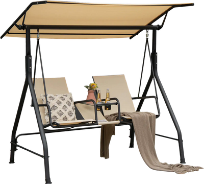 Costway 2-Seat Outdoor Cushioned Porch Swing w/ Adjustable Canopy & Tempered Glass Table Beige 47095168 New