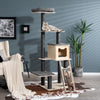 5-tier modern wood cat tower featuring a large condo, platforms, and washable gray cushions for feline comfort and play.