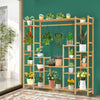 9-tier bamboo plant stand with hanging rack, featuring hollowed shelves for drainage, ideal for indoor and outdoor.