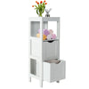Freestanding white storage cabinet with 2 removable drawers and open shelf, ideal for bathroom organization.