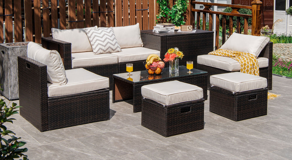 8 Pieces Patio Space-Saving Rattan Furniture Set with Storage Box and Waterproof Cover-White - Gallery View 1 of 11