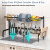 2 Tier adjustable over sink dish drying rack with 4 baskets and 8 hooks for efficient kitchen storage and water.