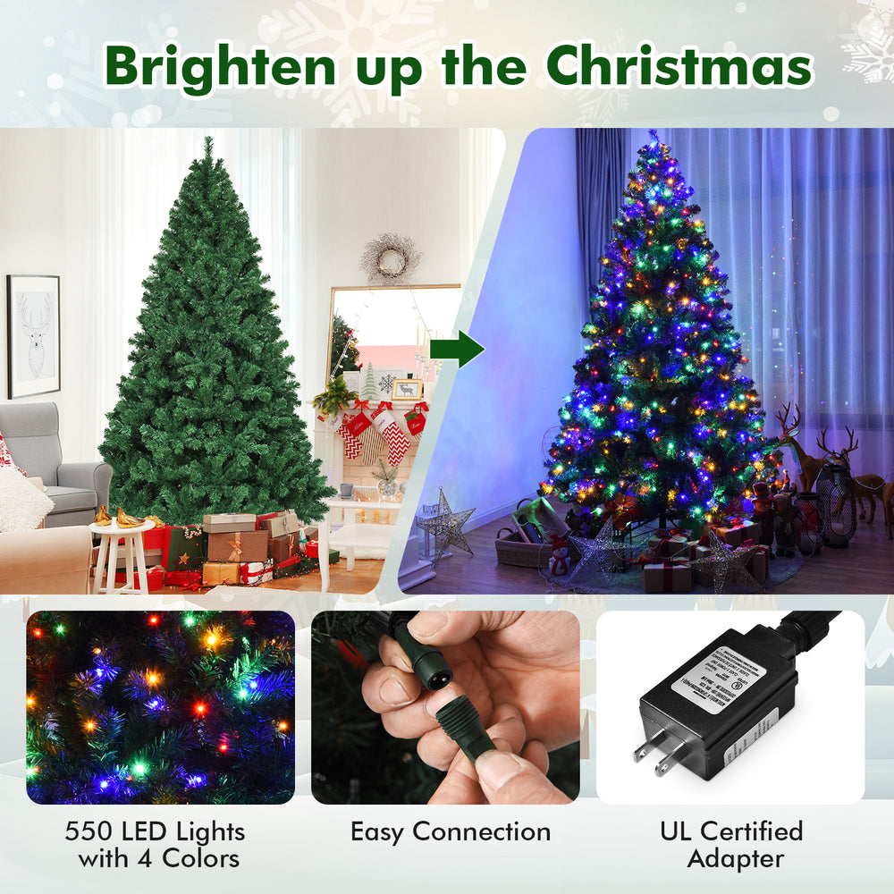 7.5 feet pre-lit artificial spruce Christmas tree with 550 multicolor lights, perfect for festive indoor decoration.