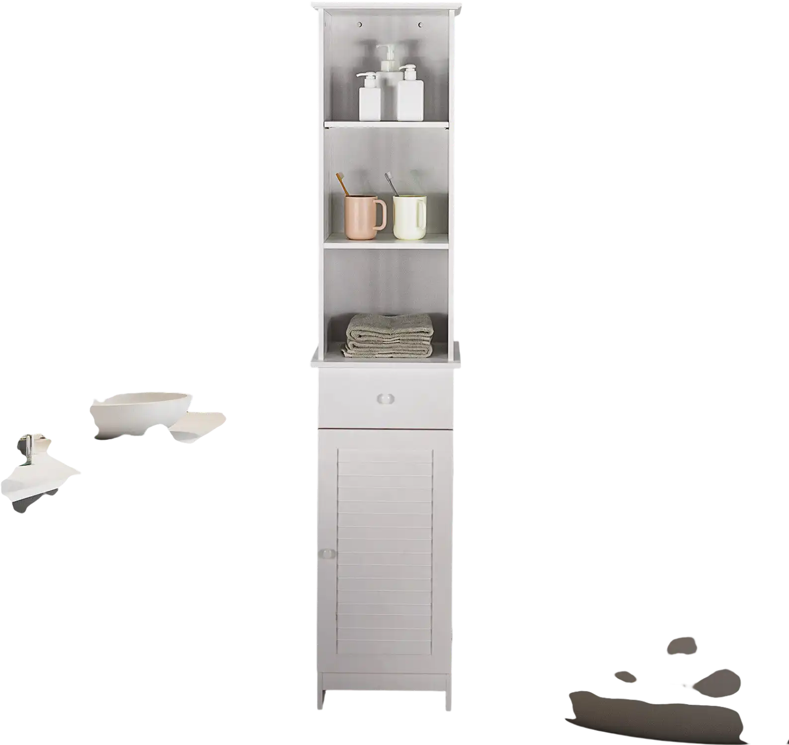 Costway Bathroom Tall Freestanding Storage Cabinet Open Shelves Drawer White 67981523 New