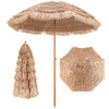 Thatched tiki umbrella with 7-layer dense thatch, durable polyester, and wooden-colored frame for outdoor patio use.