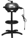 Outdoor electric BBQ grill with removable stand, 1350 W, 240 sq in grill plate, and rotatable condiment tray.
