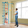 Child playing on the colorful rope ladder of the indoor gym, made with rust-resistant carbon steel for durability.