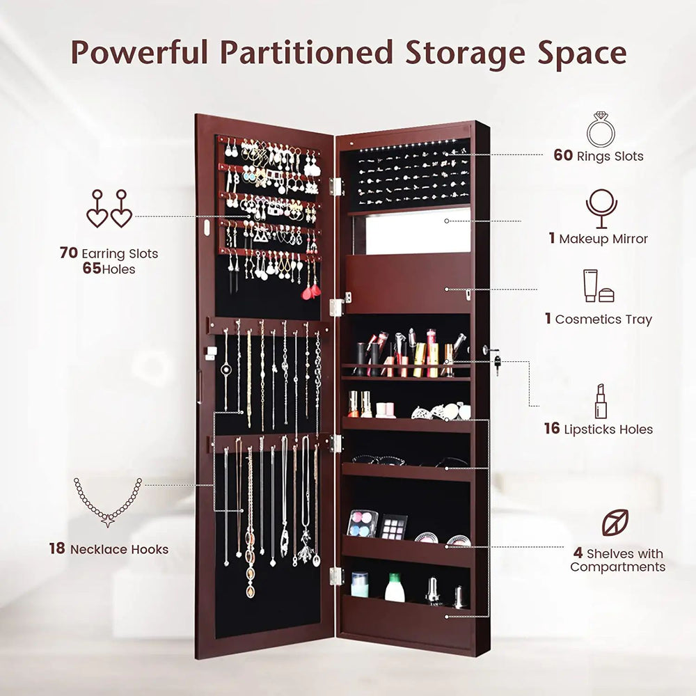 Brown wall-mounted jewelry cabinet with LED lights, full-size mirror, and organized storage for earrings, rings, and.