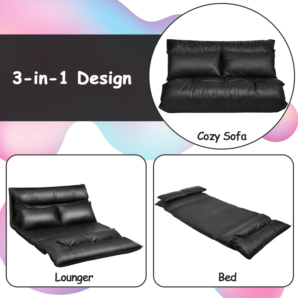 Foldable PU leather leisure floor sofa bed in black, adjustable design with 2 pillows for versatile comfort and support.