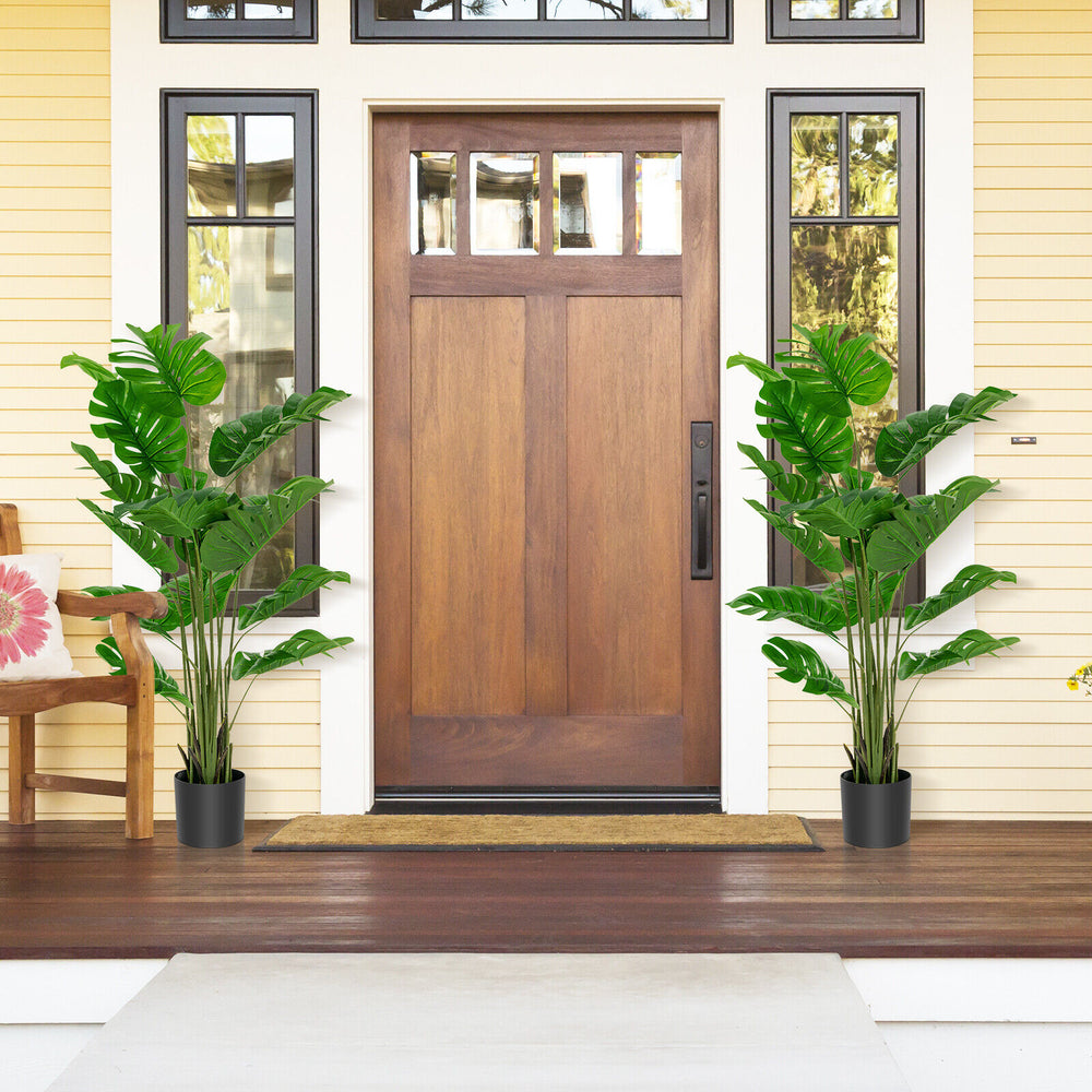 5 feet artificial monstera tree set with 15 large leaves in sturdy pots, perfect for front porch or indoor decoration.