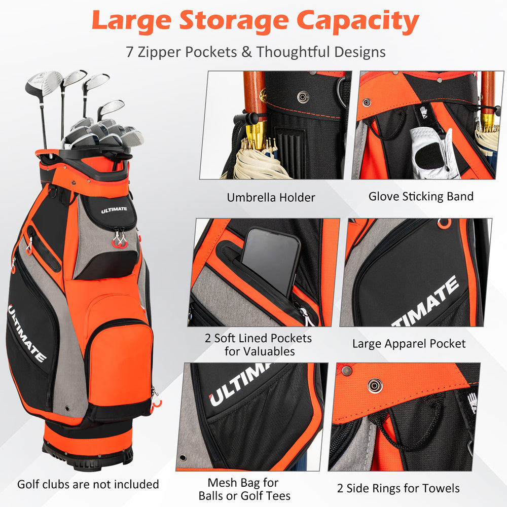 Golf stand bag in orange with 14 way dividers and 7 zippered pockets for clubs, towels, and valuables, ideal for easy.