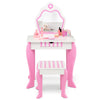 Toddler vanity set in pink with detachable mirror, practical drawer, and flower patterns for children's makeup play.
