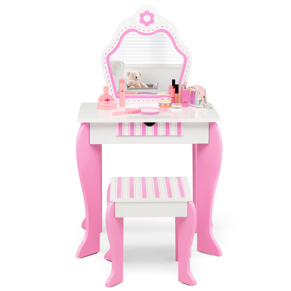 Toddler vanity set in pink with detachable mirror, practical drawer, and flower patterns for children's makeup play.