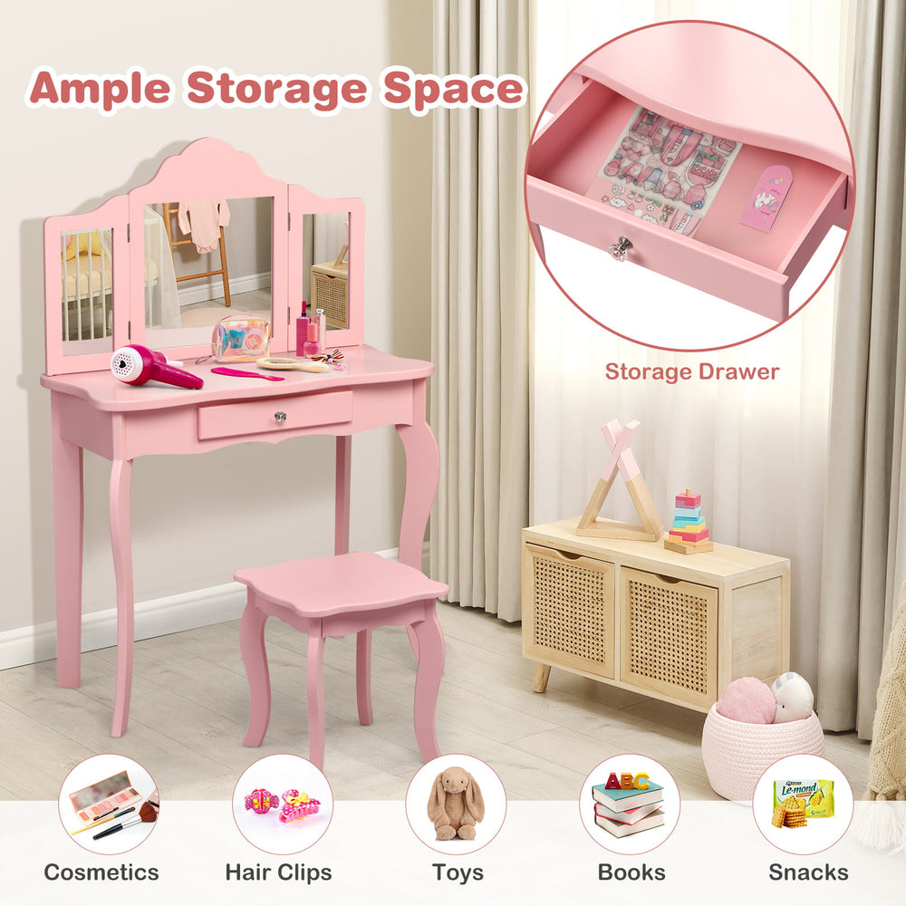 Kids pink makeup dressing table set with tri-folding mirrors and storage drawer, perfect for beauty and organization.