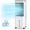 4-in-1 evaporative air cooler in white with 12L tank, ice boxes, and remote control, ideal for living room cooling.