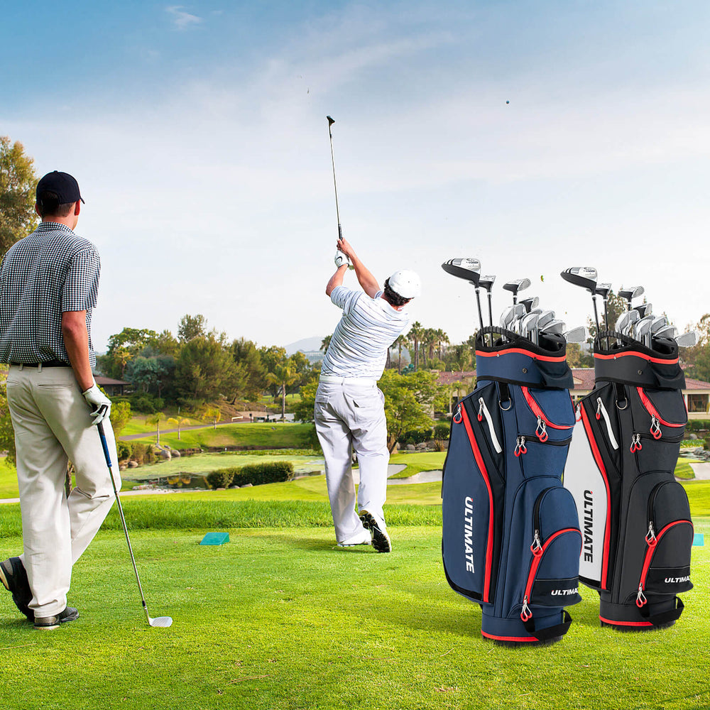 9.5-inch golf cart bag in black with 14-way dividers, featuring 8 zippered pockets for organized storage on the course.
