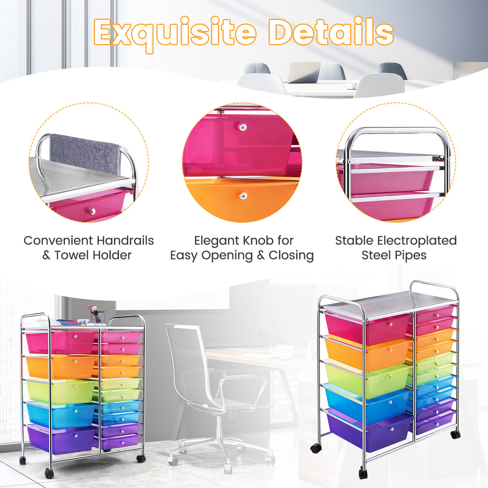 15-drawer rolling storage cart organizer with metal frame, colorful plastic drawers, and convenient handles for easy.