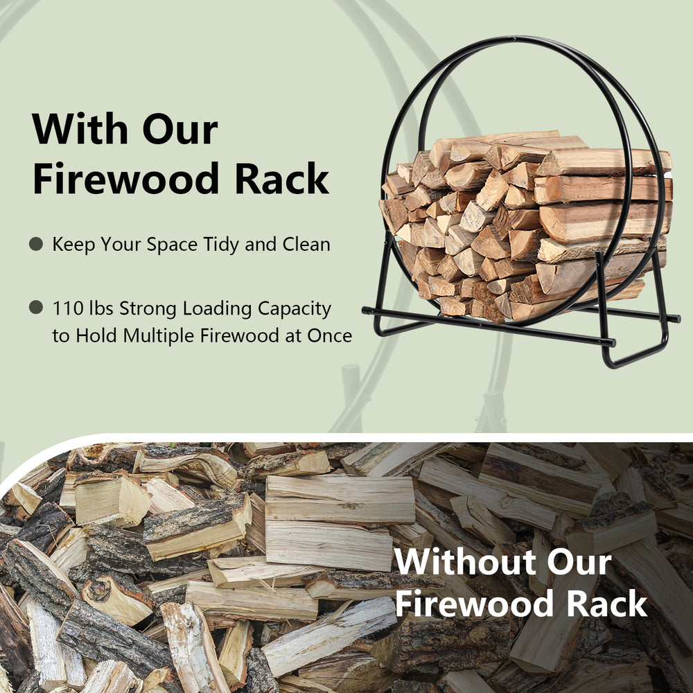 30-inch tubular steel log hoop firewood storage rack with a black powder-coated finish, ideal for indoor and outdoor.