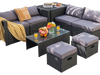8-piece patio rattan furniture set in gray with soft cushions, including a coffee table, storage box, and ottomans for.