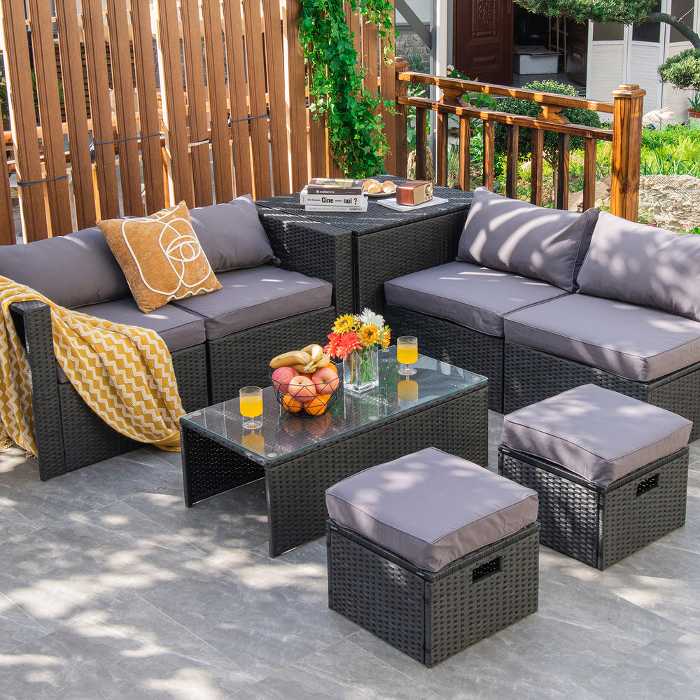 8 Pieces Patio Rattan Storage Table Furniture Set-Gray - Gallery View 1 of 12
