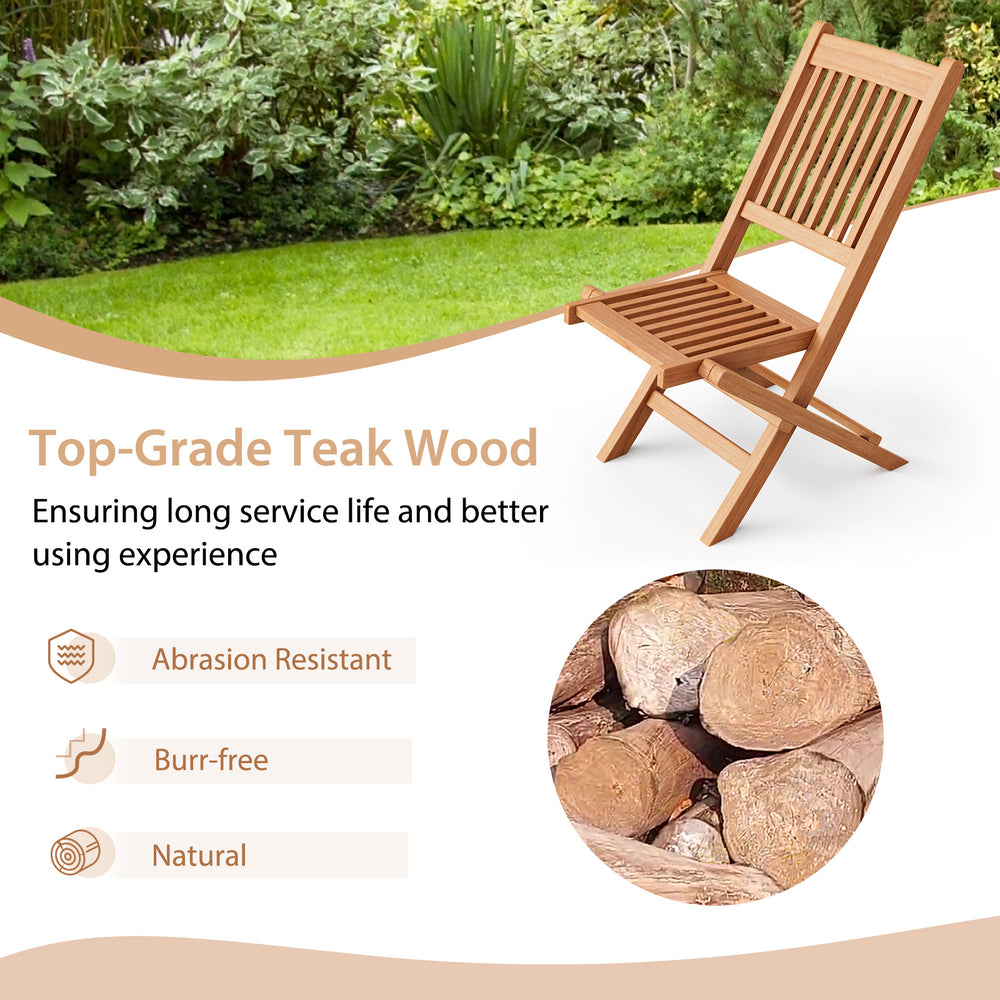 Teak wood folding dining chair with slatted seat, lightweight and space-saving design for outdoor use.