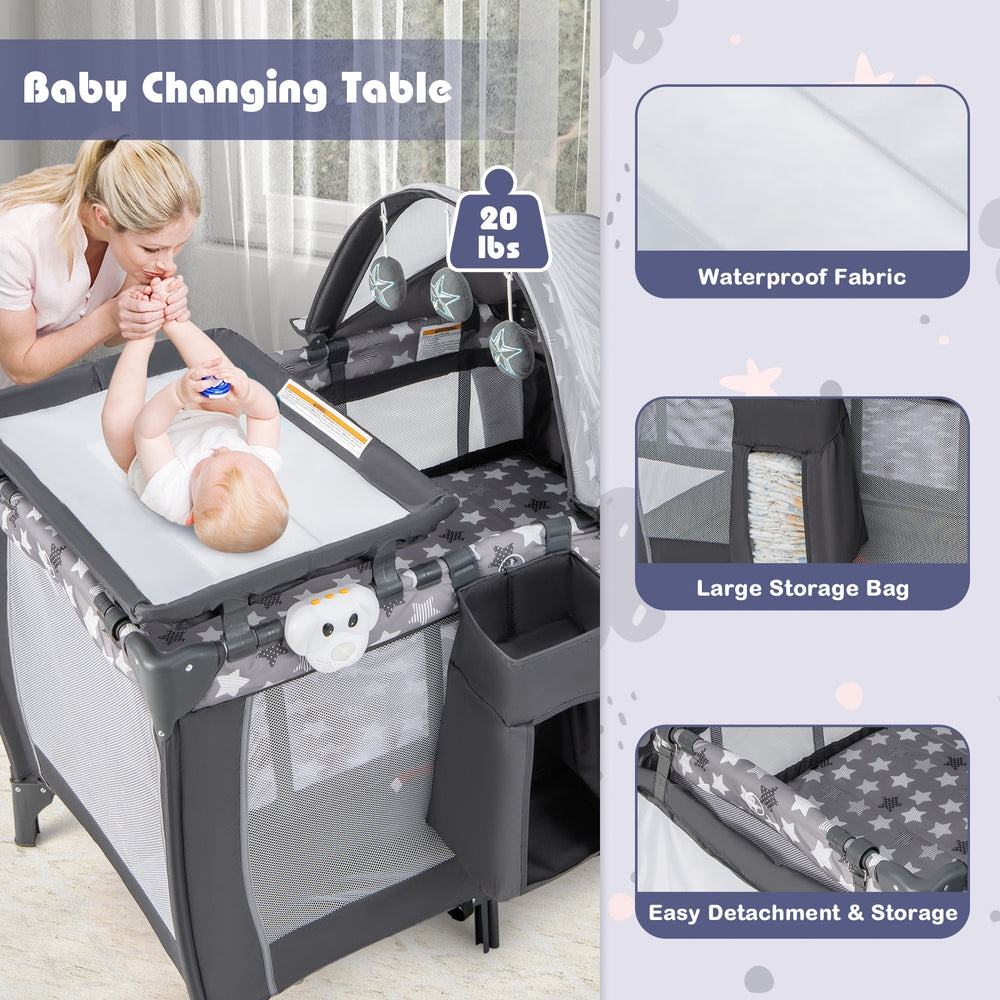Portable baby changing table with waterproof fabric and large storage bag, ideal for travel and nursery use.