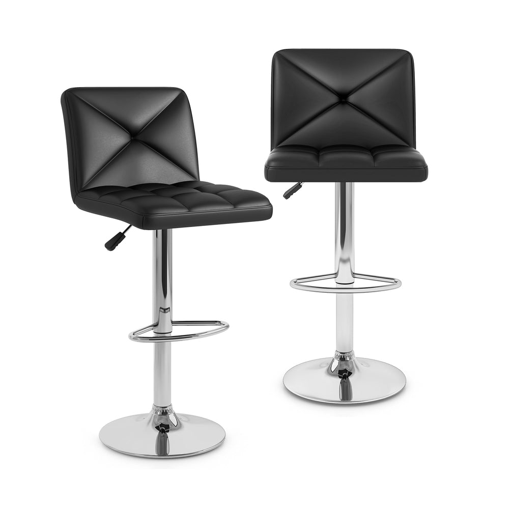 Black PU leather upholstered bar stools set of 2 with adjustable height and supportive backrest for comfort.