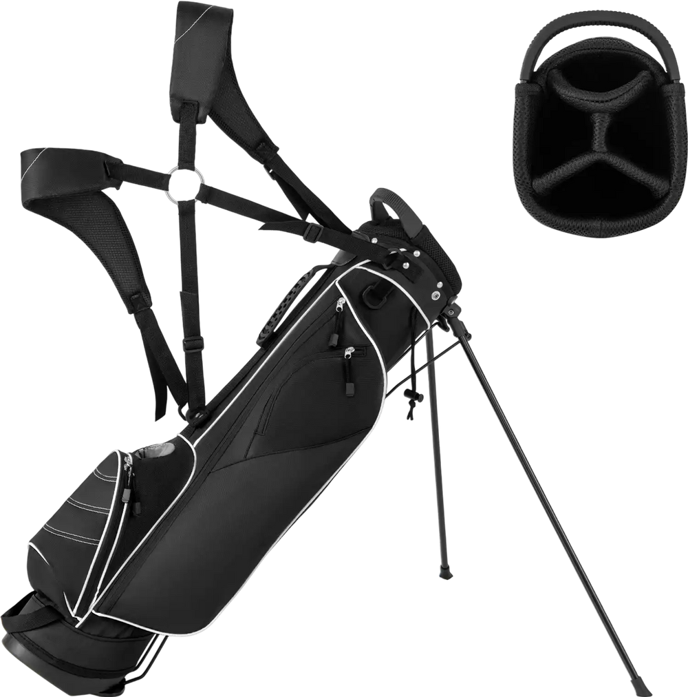 Golf stand cart bag in black with 4-way divider, padded straps, and multiple pockets for secure storage.
