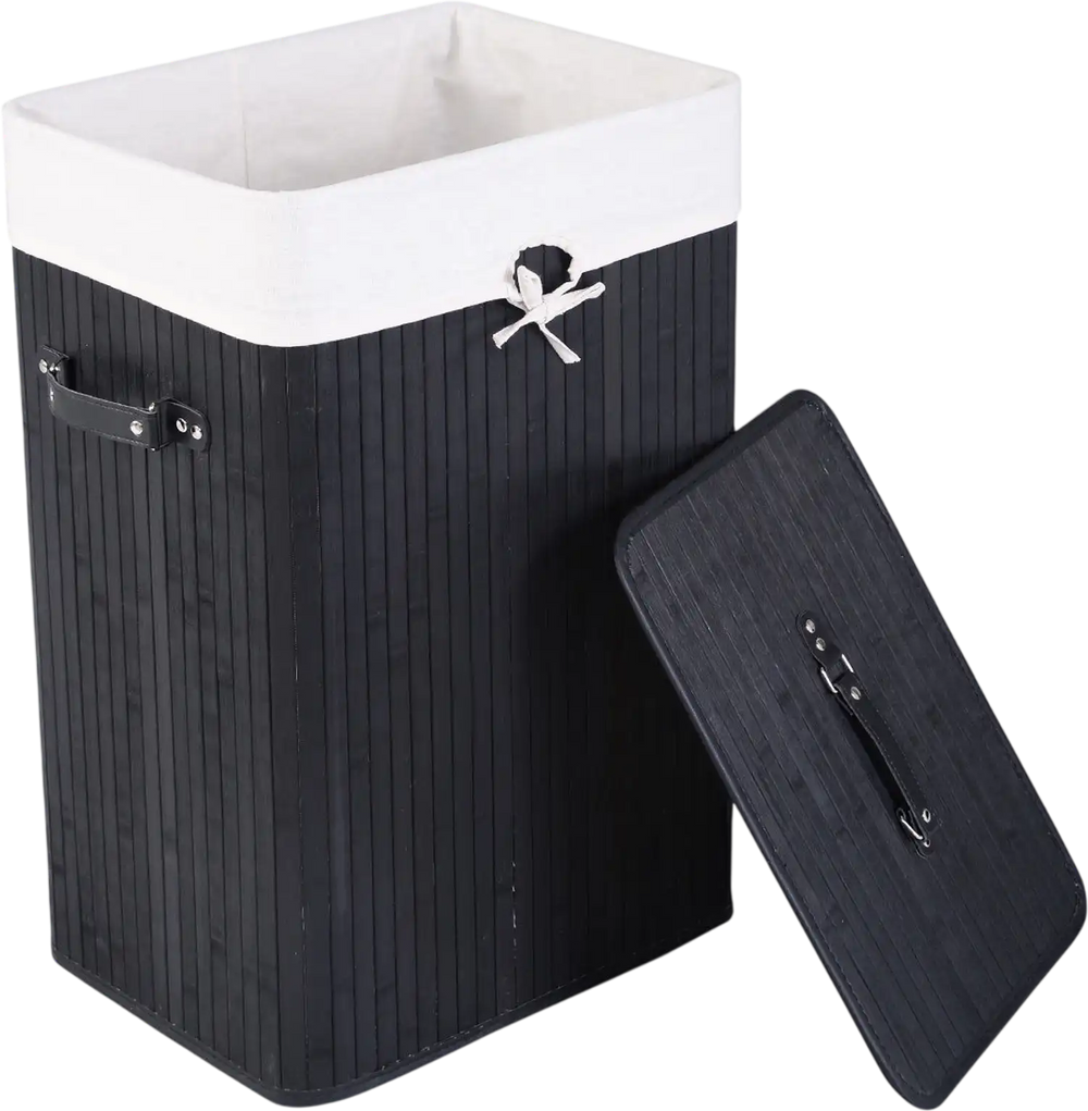 Rectangle black bamboo laundry hamper with lid, featuring PU handles and detachable cotton inner pocket for easy.
