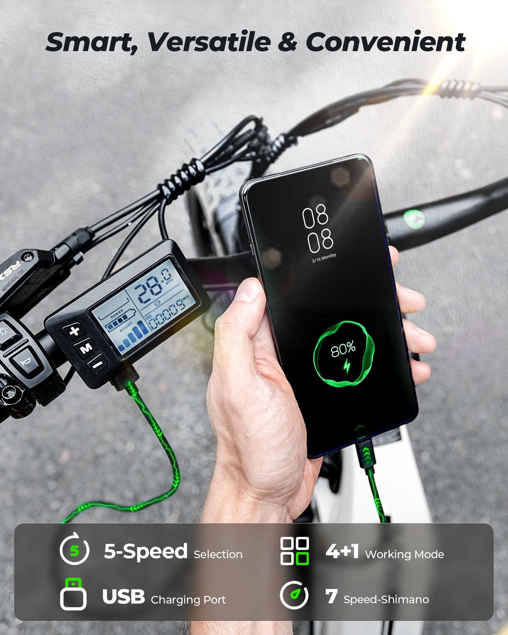 Display, USB charging, and riding modes graphic