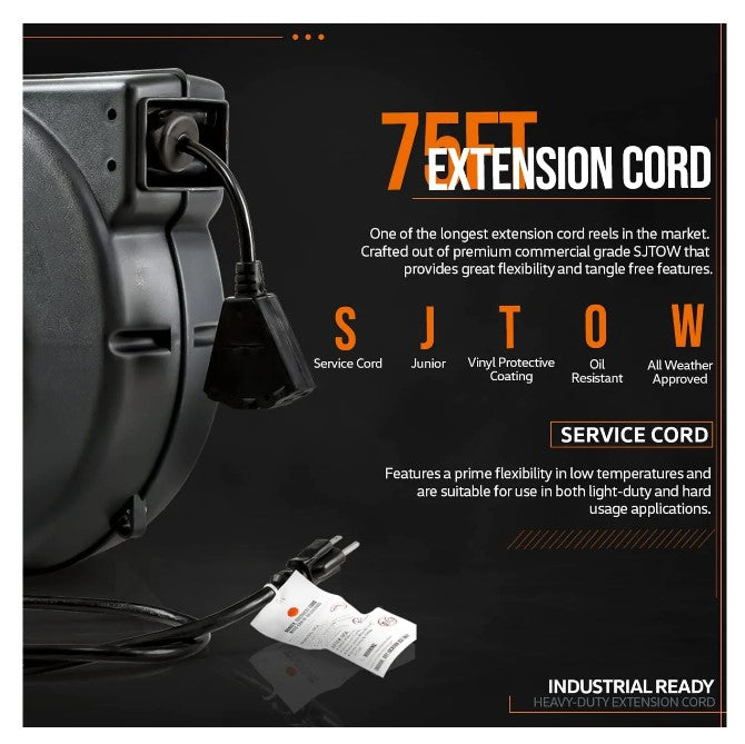 Super Handy GUR059 Retractable Extension Cord Reel 12AWG x 75' 15A New