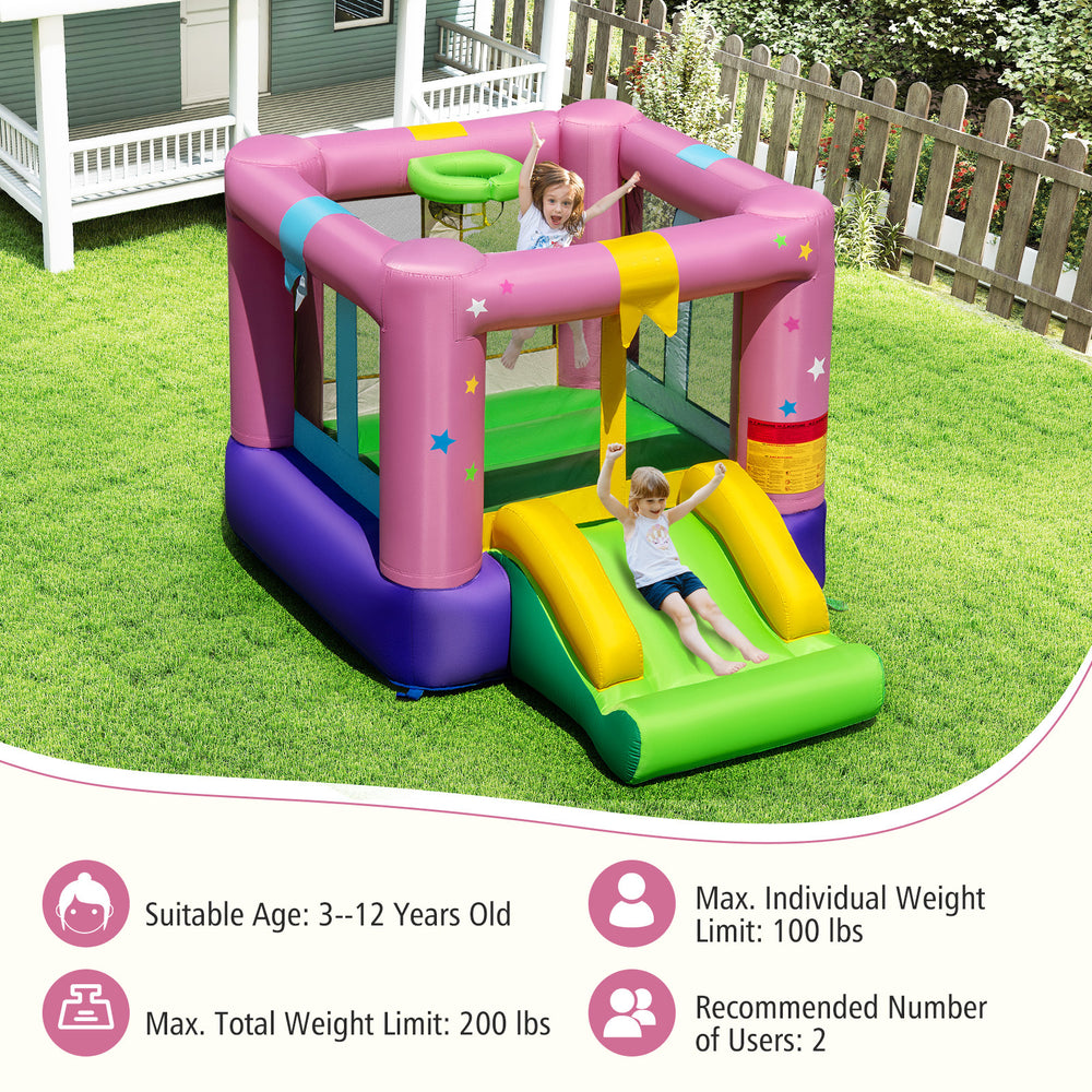 Inflatable bounce house with slide and basketball hoop, made of durable 420D oxford cloth, for kids' outdoor fun.