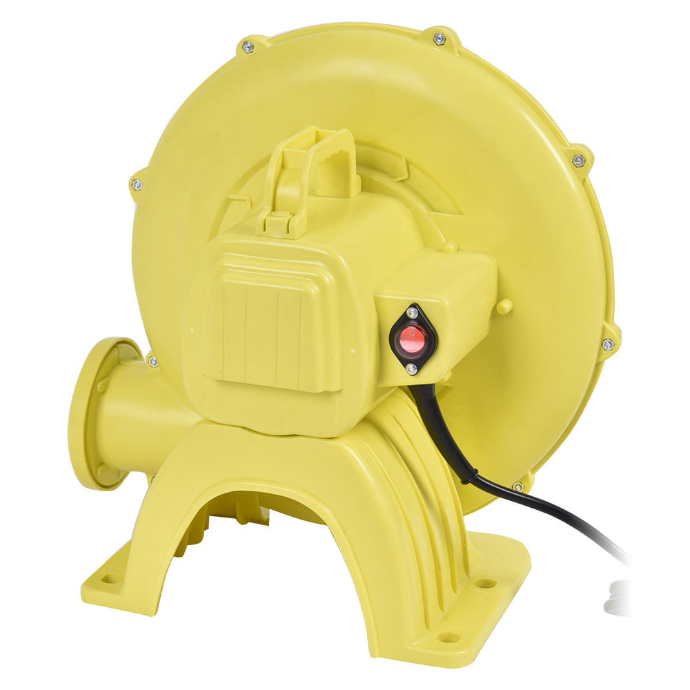Yellow 480 W air blower pump fan with top-mounted handle for inflatable bounce houses and outdoor cleaning tasks.