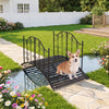 Garden metal bridge with dual patterned side rails, featuring a reinforced frame and slatted walkway for outdoor.
