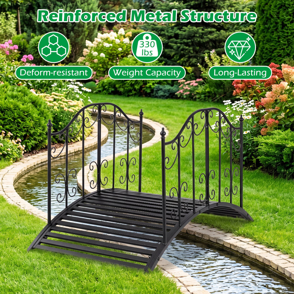 3.9 ft garden metal bridge with dual patterned side rails, reinforced structure, and slatted walkway for outdoor.