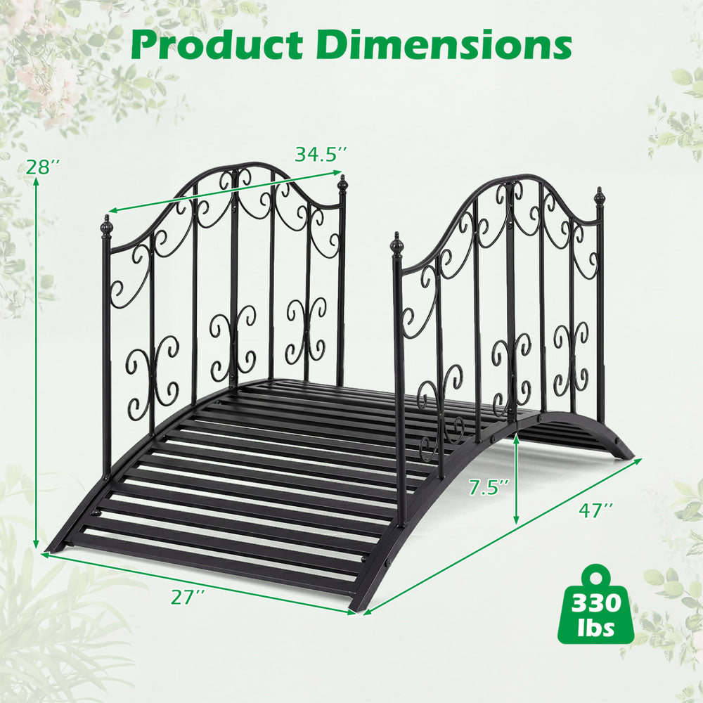 Garden metal bridge with dual patterned side rails, 3.9 ft long, designed for stability and outdoor durability.