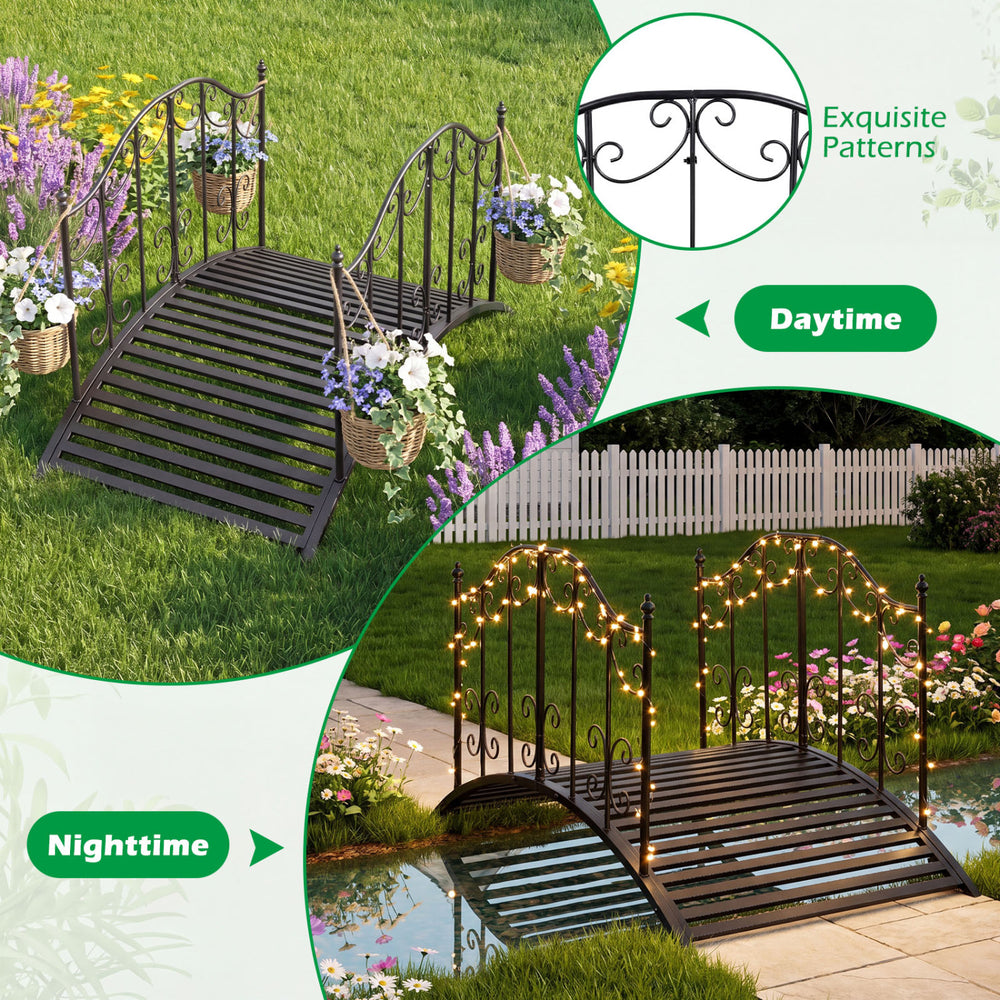 Garden metal bridge with dual patterned side rails, featuring a reinforced arched frame for stable outdoor use.