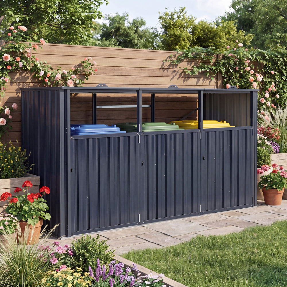 3-bin metal trash can storage shed in dark gray with flip-up lids, ideal for garden organization and waste concealment.