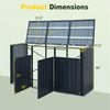 3-bin metal trash can storage shed in dark gray with flip-up lids, showcasing product dimensions and structure.