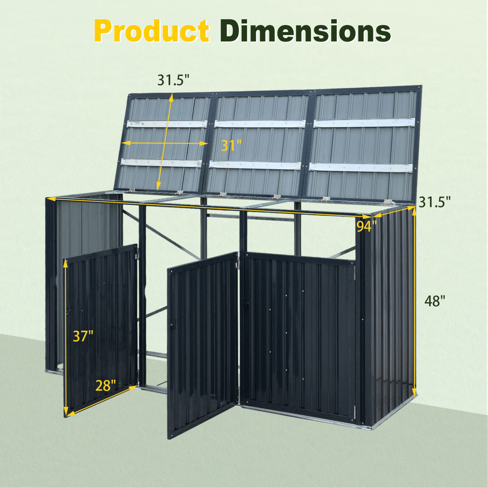 3-bin metal trash can storage shed in dark gray with flip-up lids, showcasing product dimensions and structure.