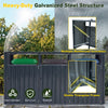 3-bin metal trash can storage shed with flip-up lids, dark gray, featuring a heavy-duty galvanized steel structure.