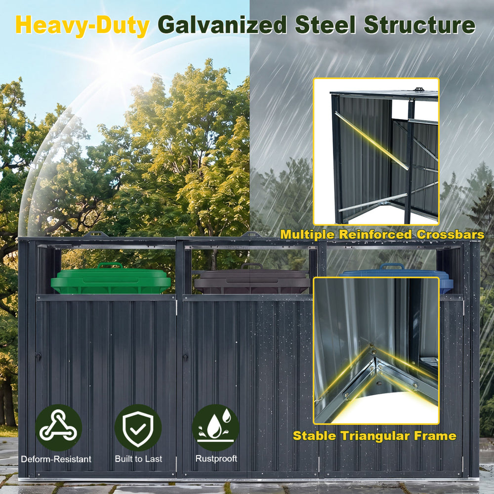 3-bin metal trash can storage shed with flip-up lids, dark gray, featuring a heavy-duty galvanized steel structure.