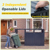 3-bin metal trash can storage shed with flip-up lids and ergonomic handles for easy waste sorting in dark gray.