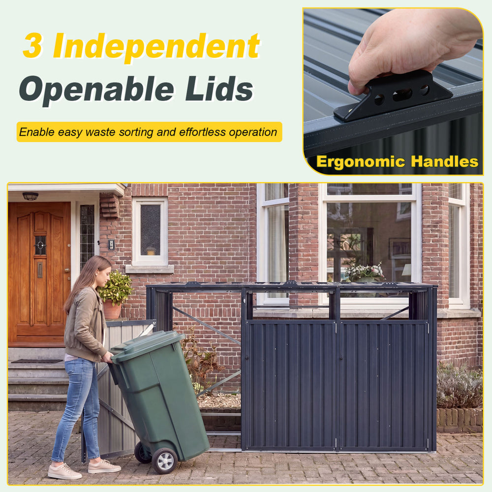 3-bin metal trash can storage shed with flip-up lids and ergonomic handles for easy waste sorting in dark gray.