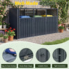 3-bin metal trash can storage shed in dark gray with flip-up lids, featuring sturdy metal hinges and lockable doors.