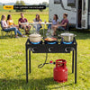 Three-burner propane stove with adjustable regulator and hose, perfect for outdoor cooking, camping, and BBQ gatherings.