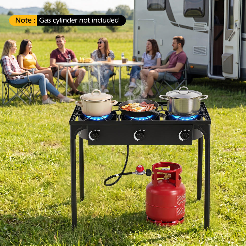 Three-burner propane stove with adjustable regulator and hose, perfect for outdoor cooking, camping, and BBQ gatherings.