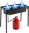 Three-burner propane stove with adjustable regulator and hose, delivering 240,000 BTU for efficient outdoor cooking.