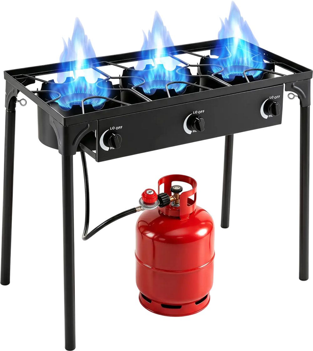 Three-burner propane stove with adjustable regulator and hose, delivering 240,000 BTU for efficient outdoor cooking.