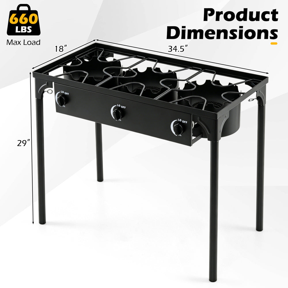 3 Burner Propane Stove with adjustable regulator and hose, featuring a rugged black design for camping and outdoor cooking.